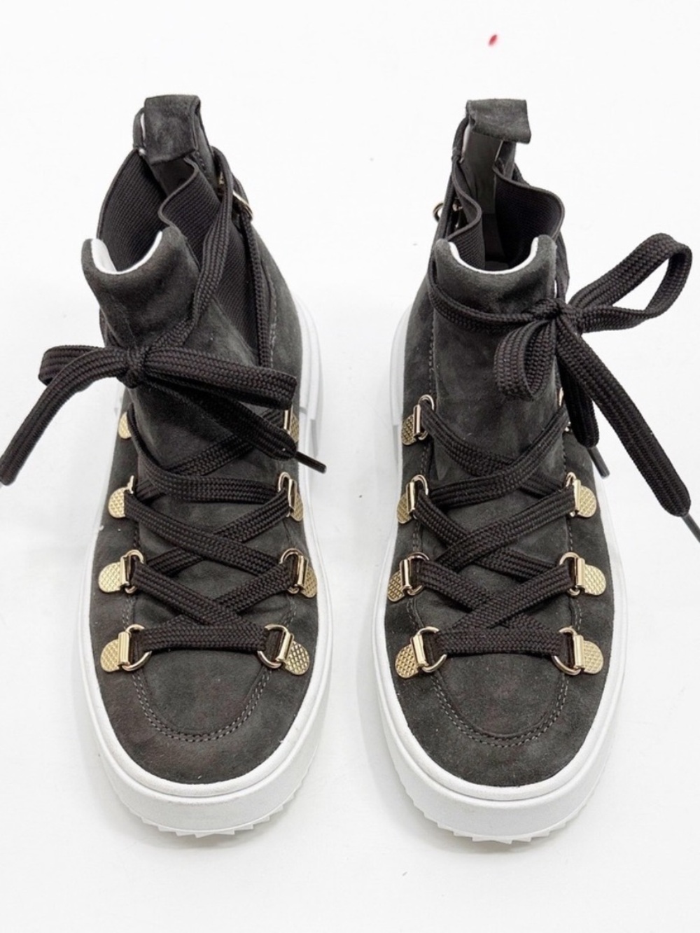 Stuart Weitzman Ziggy Slate Gray Nubuck High Top Combat Inspired Shoes NWOT 6